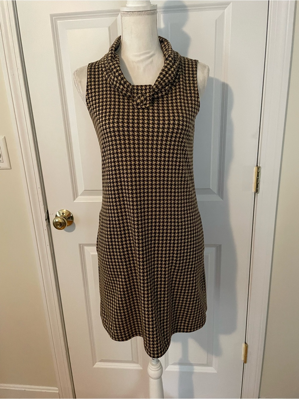 Alyn Paige Black and Tan Houndstooth Cowl Neck Mini Dress